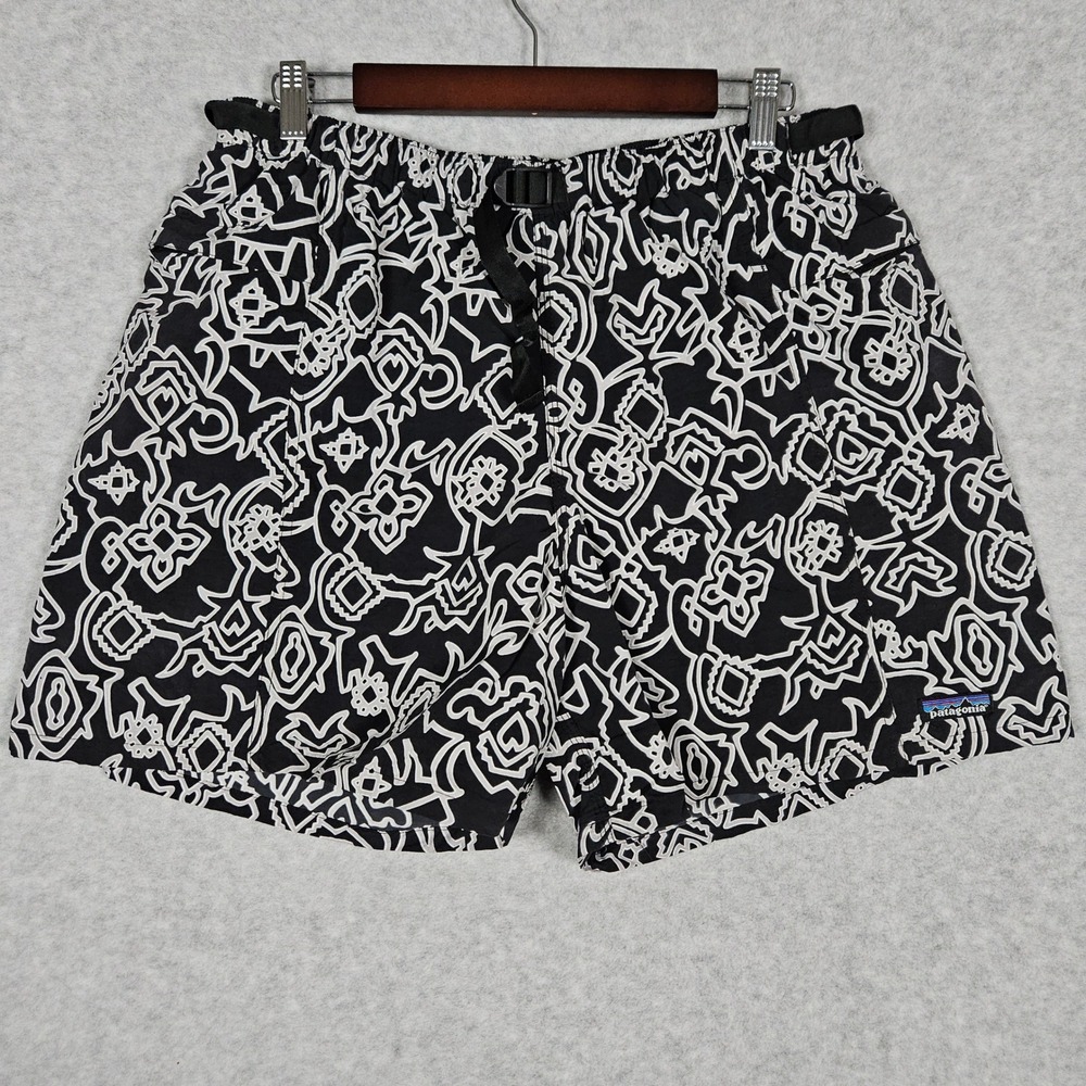 Vintage Patagonia Men's XL Black Abstract River Baggies Shorts Swim Lined Belted